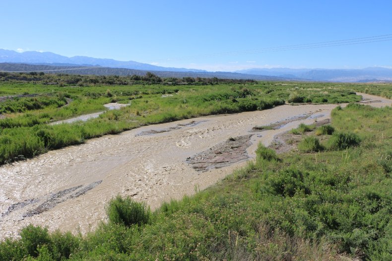 El Río Blanco, de agua barrosa, entre pastos verdes y la cordillera al fondo.